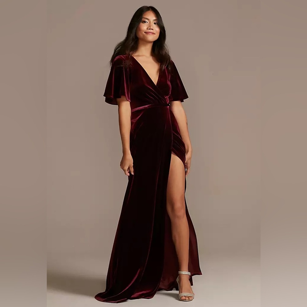 Elegant velvet burgundy dress, David’s Bridal